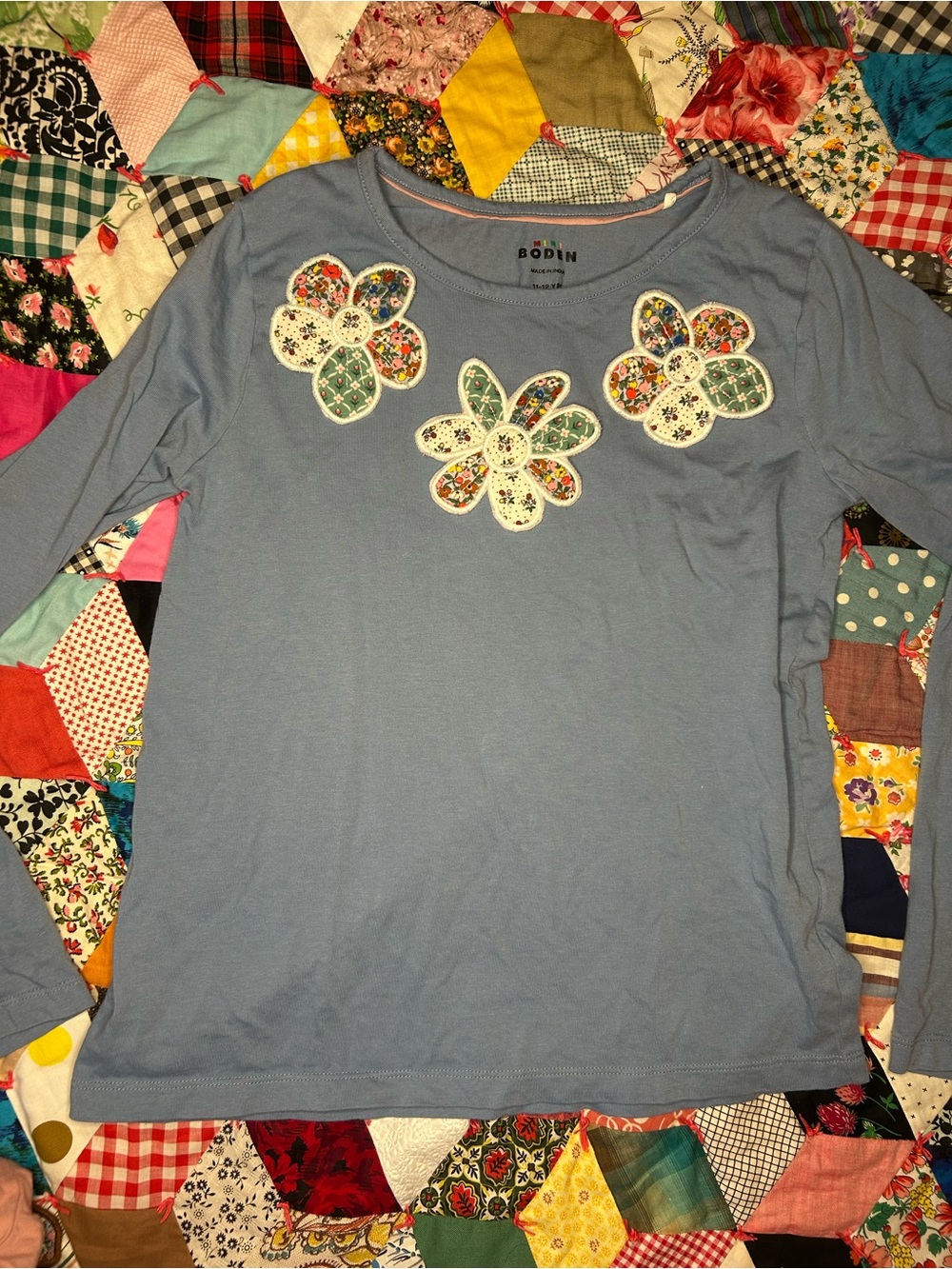 Mini Boden  Blue Floral Appliqué Long Sleeve Top